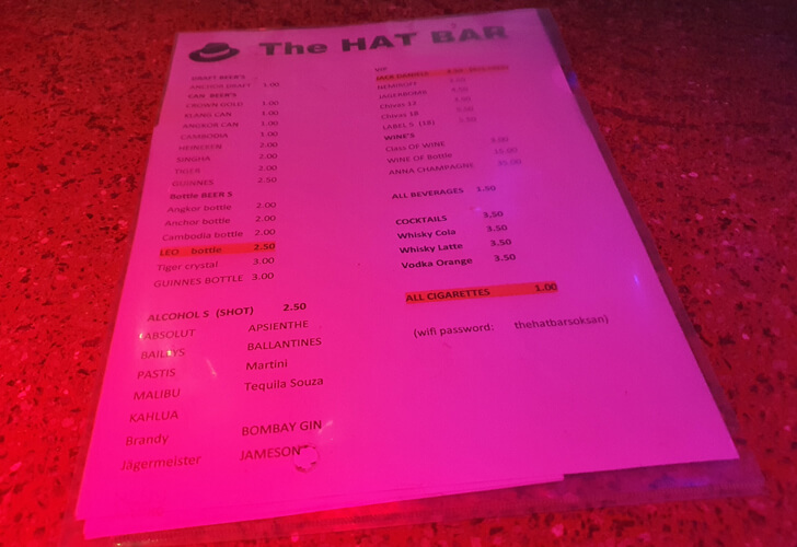 The Hat Bar in Siem Reap menu