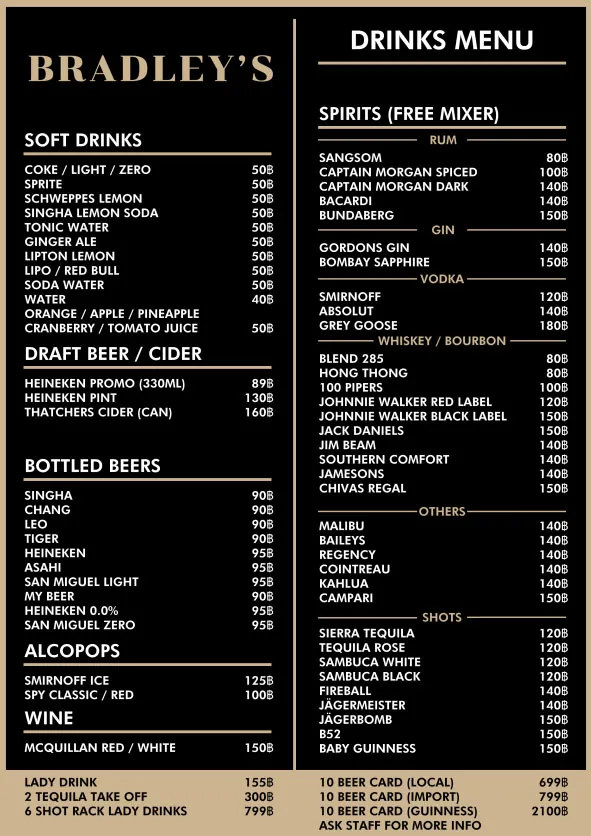 bradley's pattaya menu